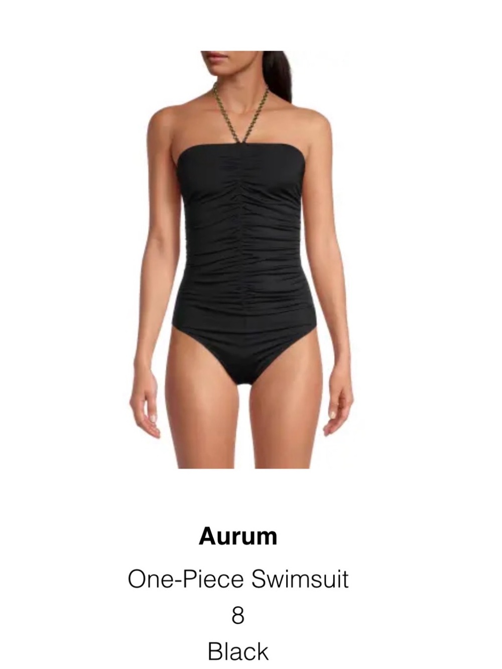 Aurum shirred one piece black size 8 swimsuit  halter gold chain neck